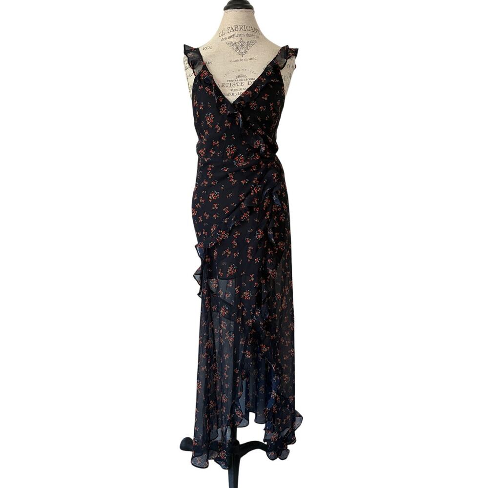 Rumored Floral Just Like Heaven Navy Ruffles Wrap Maxi Dress Size M